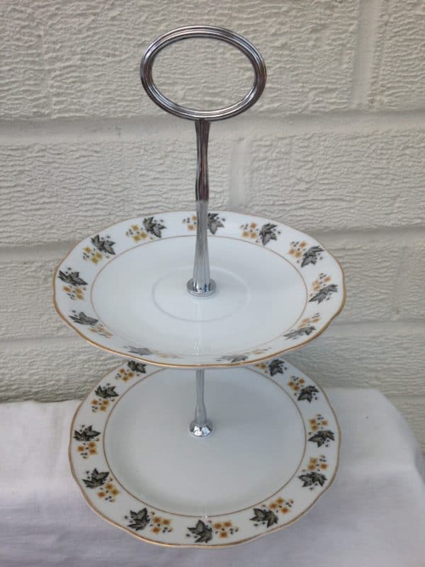 Grey/Gold Ivy 2 Tier China Cake Stand